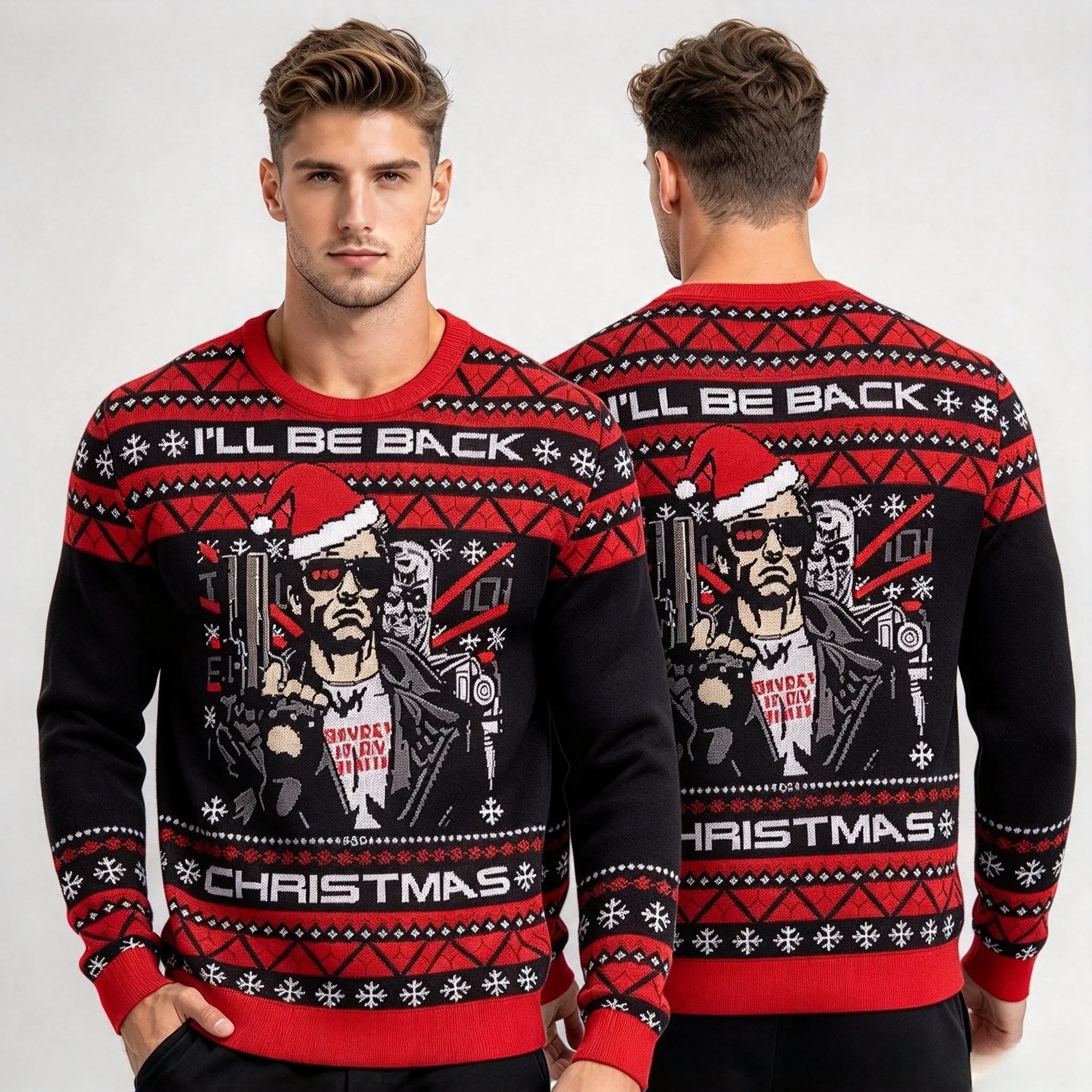 Terminator-themed Christmas Fuzzy Sweater with Printed Round Collar, Men's and Women's Versions Are The Same.