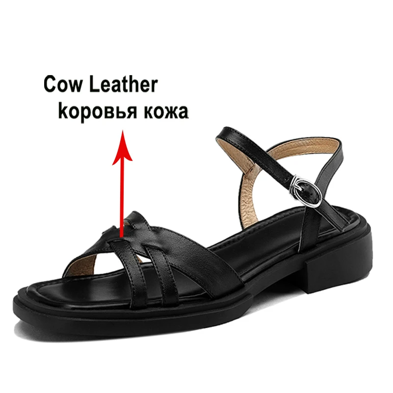 Meotina Women Genuine Leather Square Toe Flat Sandals Buckle Narrow Band Ladies Fashion Casual Shoes Summer Spring Black 43