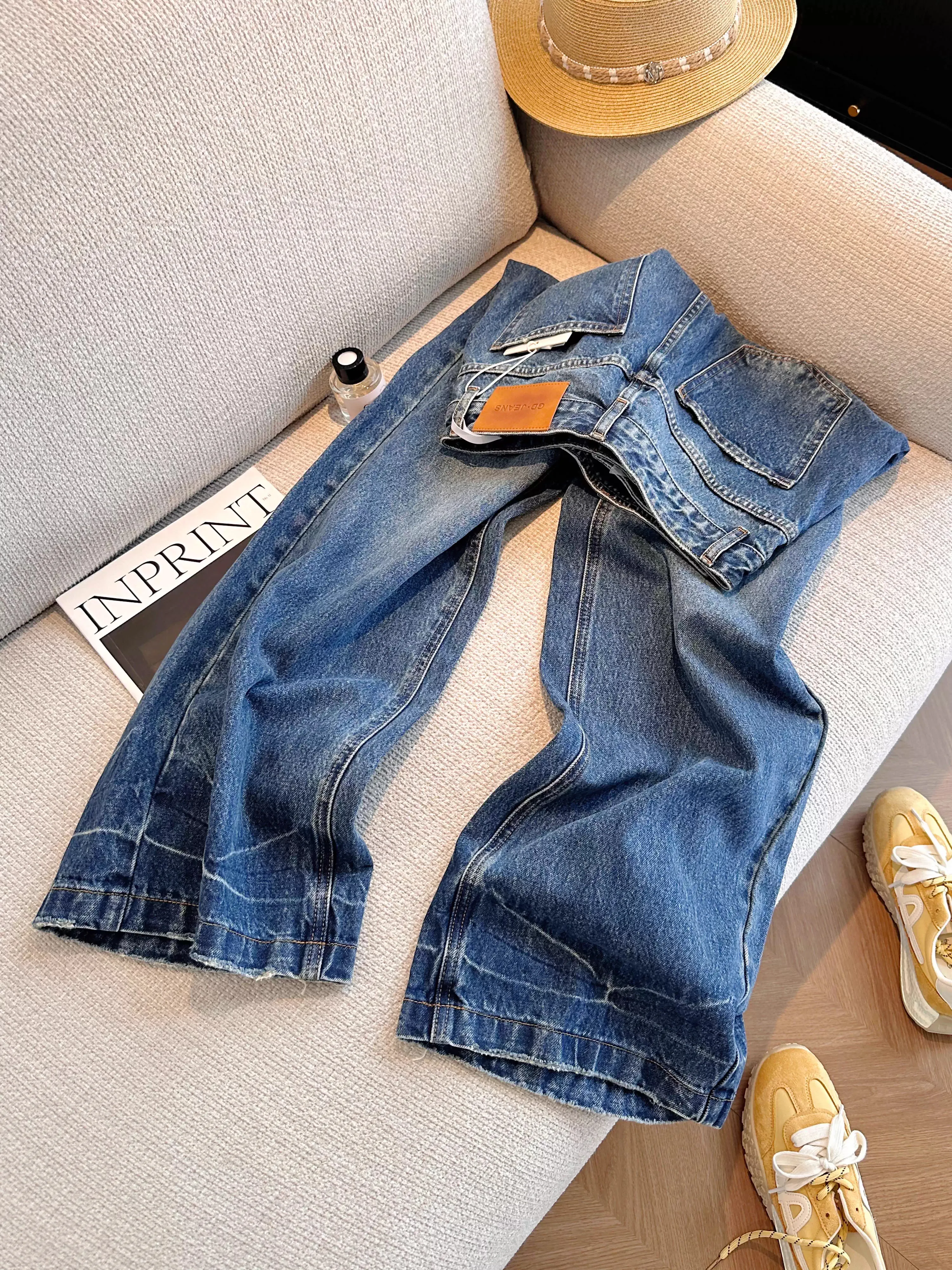 تصميم شخصي تحسس جينز فضفاض الخريف المرأة وهمية قطعتين الأزرق الداكن السراويل الضيقة عالية الخصر مستقيم الدينيم السراويل #4