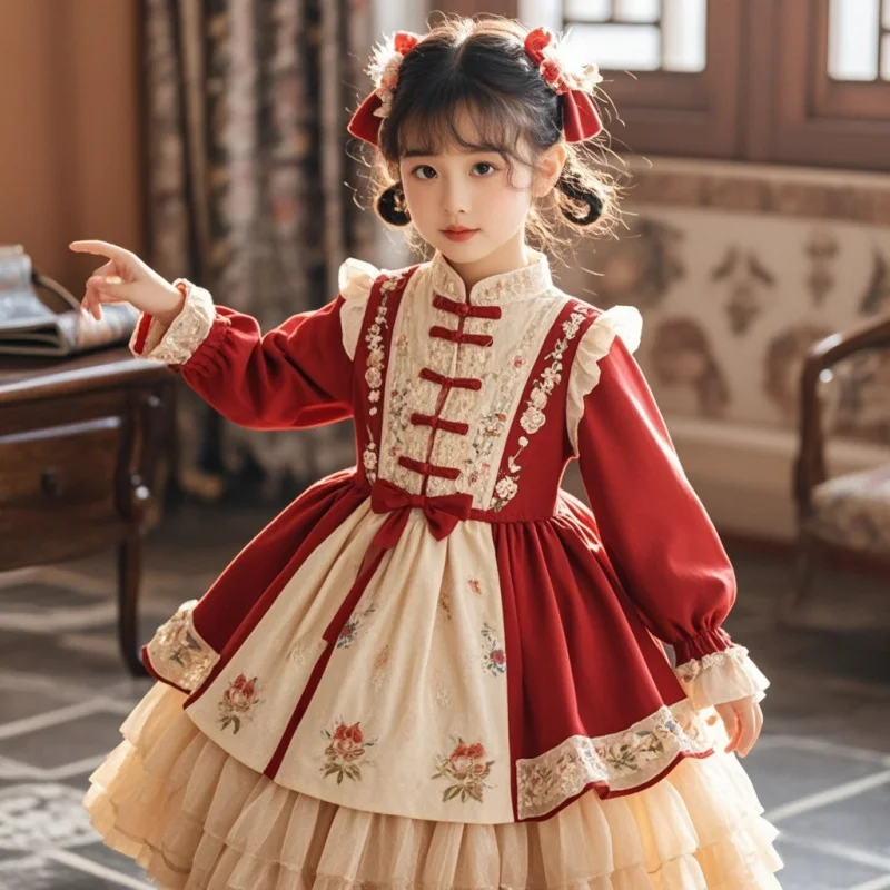 

Girls Dress Autumn and Winter Fleece-lined Princess Dress Baby New Chinese Festive Birthday Dress New Year Clothes