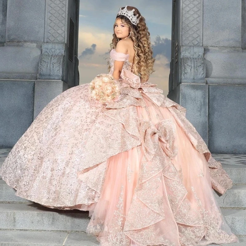 Vestidos princesa Quinceanera com missangas e apliques, rosa e dourado, elegante vestido de festa, doce vestido de princesa, Luxo, 15 e 16 anos, 2024