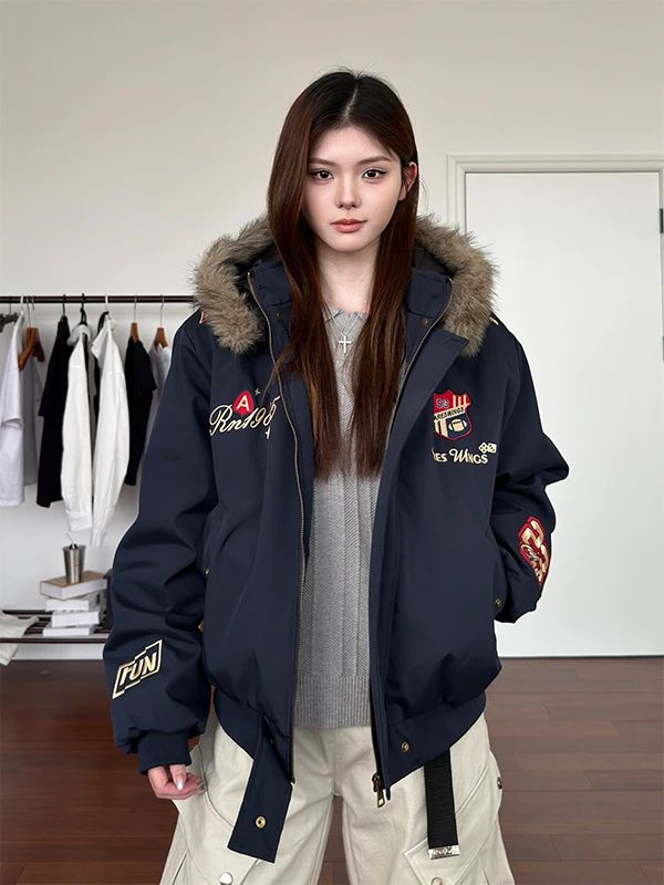 

Thiened Winter Cotton Jaet with Fur Collar Embroidered American Retro Bae Hooded Men's Coat Warm Couple's Outerwear
