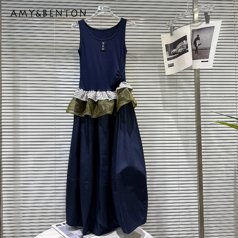 

Retro Design Hot Girl Blue Plaid Women's Long Dress 2026 New Mesh Splicing Long Temperament Loose Sleeveless Vest Dresses Ladies