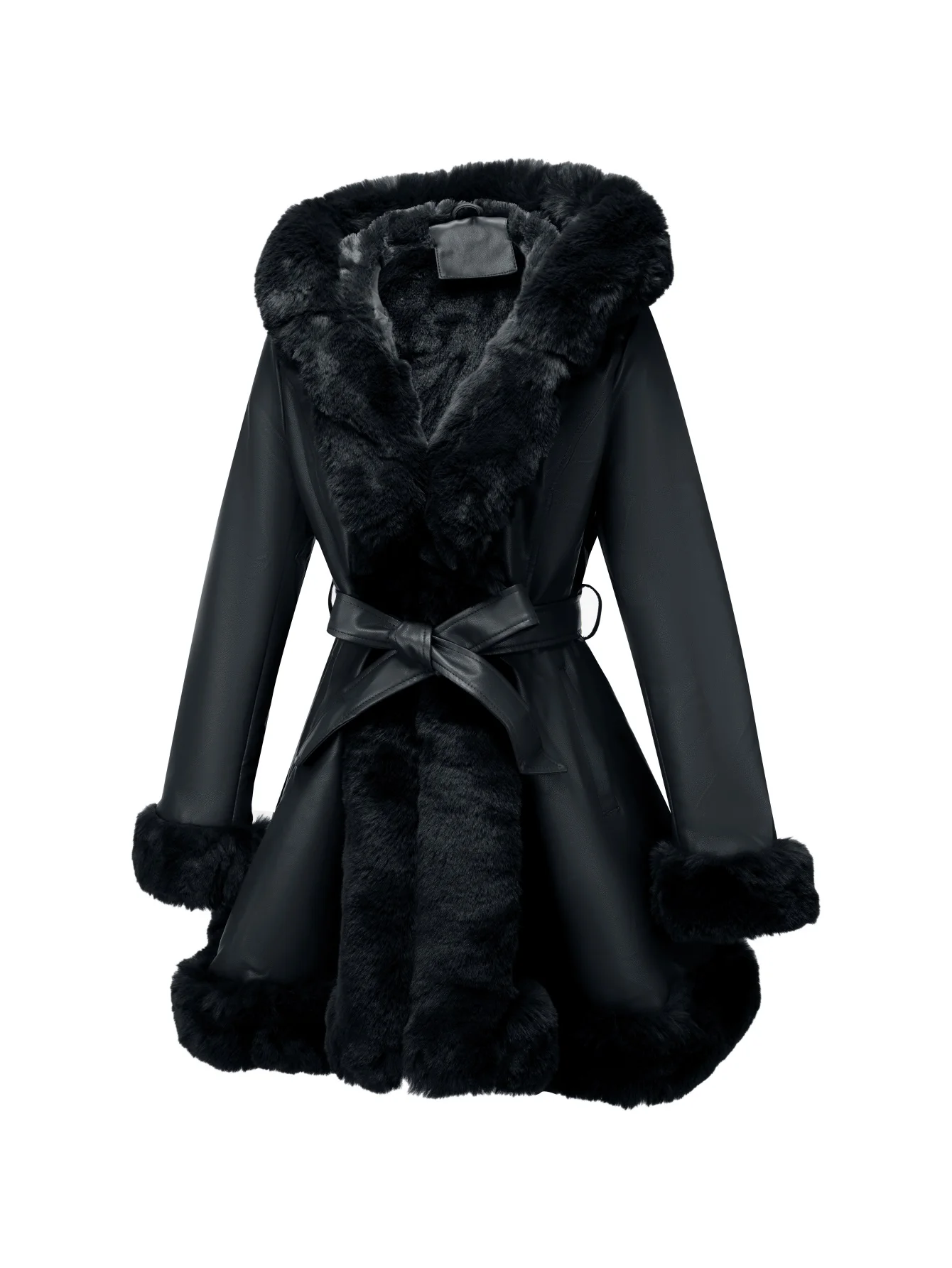 Moda de invierno para mujer |   Chaqueta de PU de lujo con forro, capucha y cinturón de piel sintética