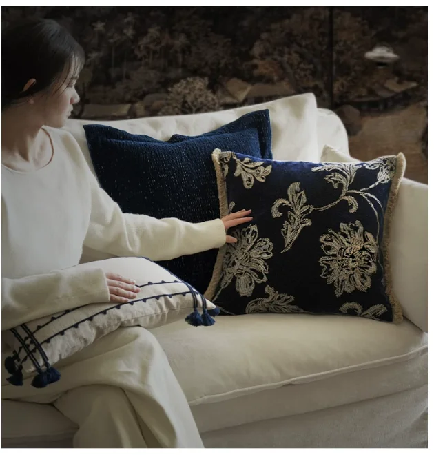Medicci Home Whimsical Floral Patterns Hand Embroidery Cushion Cover Navy Blue Upmarket Throw Pillowcase Eastern Home Decoration