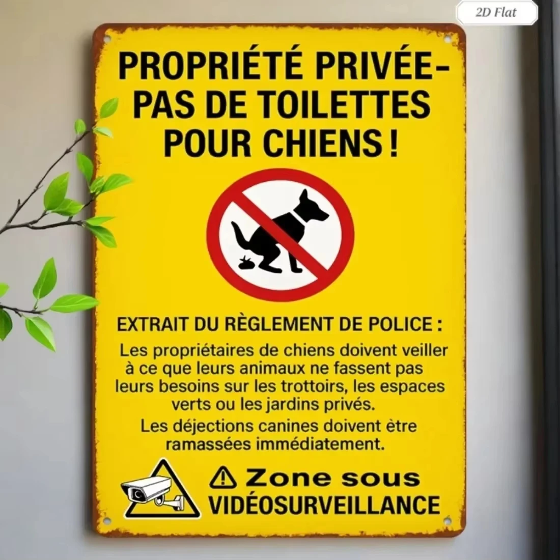 2D Flat French Pet Waste Warning Aluminum Metal Sign, No Dog Poop Wall Decor for Private Property, Garden & Home