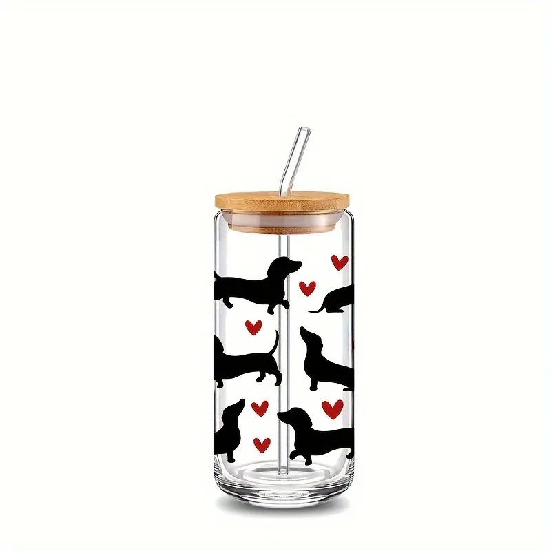 13.5 أوقية/18.6 أوقية نظارات القهوة السجق الكلب على شكل قلب كوب زجاجي مطبوع مع غطاء من الخيزران القش لهدايا عيد الميلاد هدايا عيد الميلاد