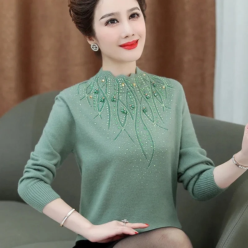 Diamond Wool Sweater Middle-aged Women\'s Autumn Winter Sweaters Pullovers Plush Thickened Warm Bottoming Mother Dress Tops 3XL