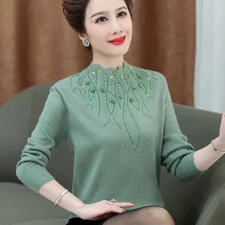 Diamond Wool Sweater Middle-aged Women's Autumn Winter Sweaters Pullovers Plush Thickened Warm Bottoming Mother Dress Tops 3XL