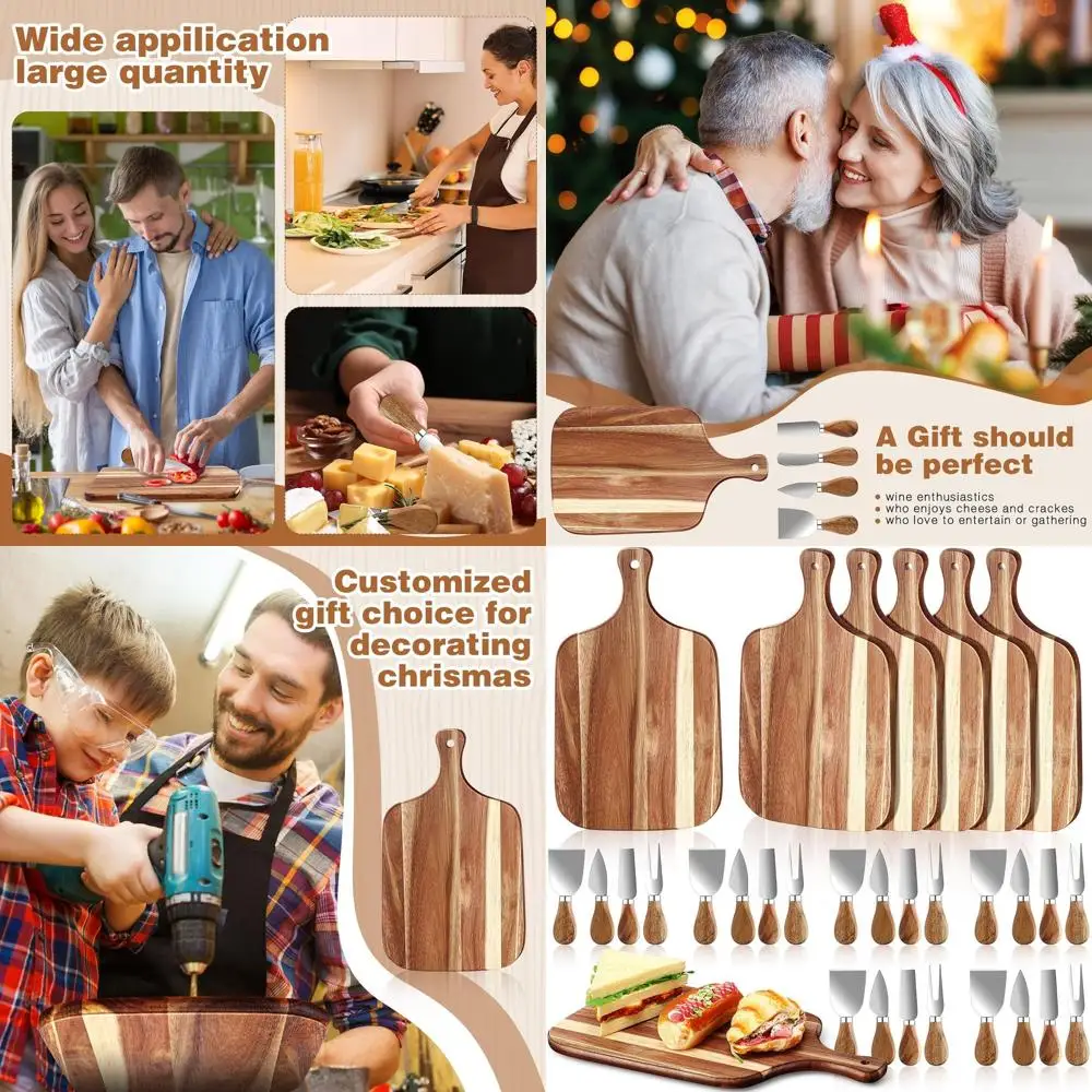 

6-Piece Wooden Cutting Board Set with Handle & Cheese Knives - Perfect for Meat, Cheese, Veg, Gifts & Special Occasions