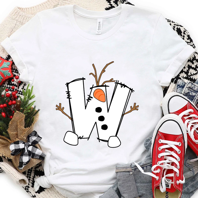 Women’s Xmas A-Z Alphabet Graphic T-shirt, Santa Letter Printed Casual Holiday Christmas Party Tops Female  Short Sleeve Tees