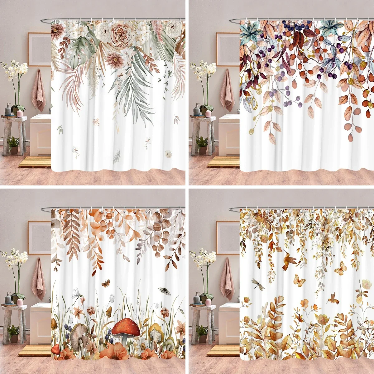 Autumn Dried Floral Leaf Mushroom Butterfly Print Waterproof Fabric Shower Curtain For Bathroom Decor