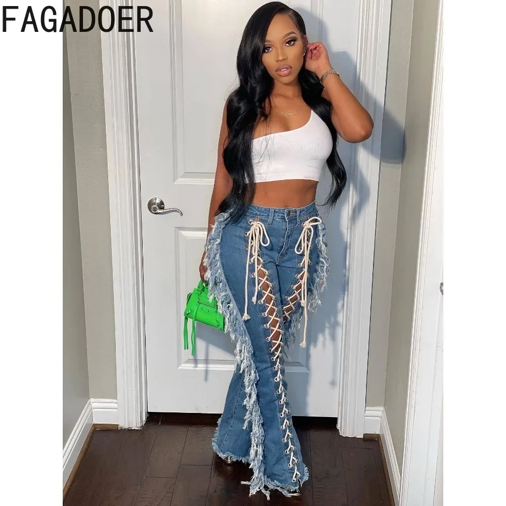 FAGADOER Vintage Denim Fashion Drawstring Bandage Skinny Pants Women High Waisted Button Hollow Out Jean Casual Cowboy Bottoms