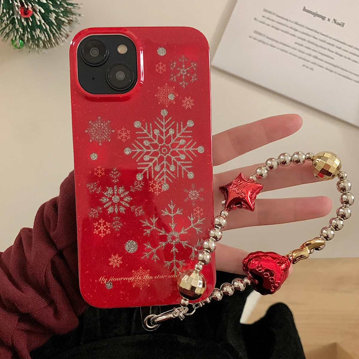 Glitter Snowflake Two-Sided IMD Back Covers For iPhone 12 13 14 15 Pro Max With Lanyard Bead Bracelet Bling Diamond Phone Cases