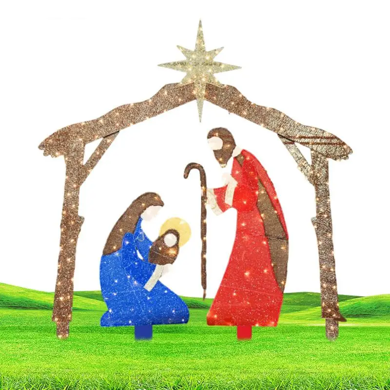 Outdoor Nativity Scenes for Yard Metal 2D Outdoor Christmas Nativity Set Christmas Holy Family with Lights for Camping Beach