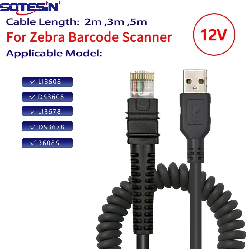 SOTESIN 12V power 3m/5m USB Barcode reader pos scanner cable For Zebra LI3608 LI3678 DS3608 DS3678 Coiled Spiral VCC