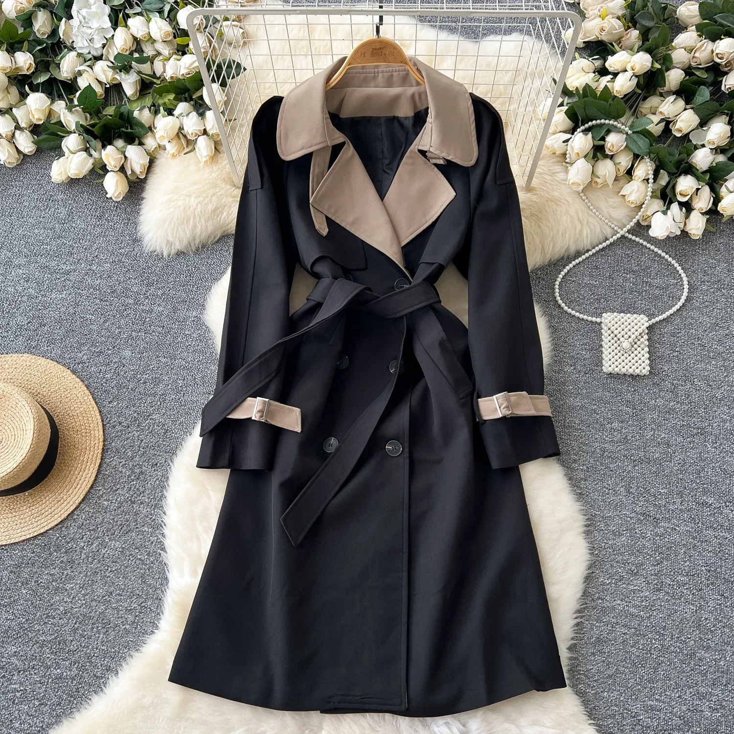 Chic Double Breasted Spliced Women Vintage Notched Collar Slim Bandage Trench Korean Office Lady High Street Autumn Winter Top