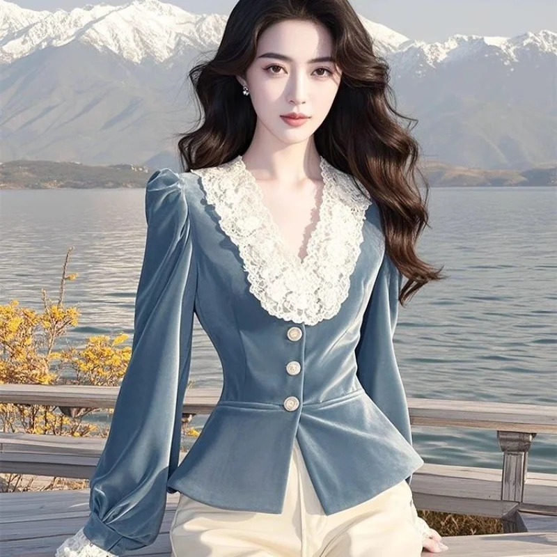 Spitze Nähte V-ausschnitt Samt Shirt frauen Herbst Neue Schlanke Lange-ärmeln Top