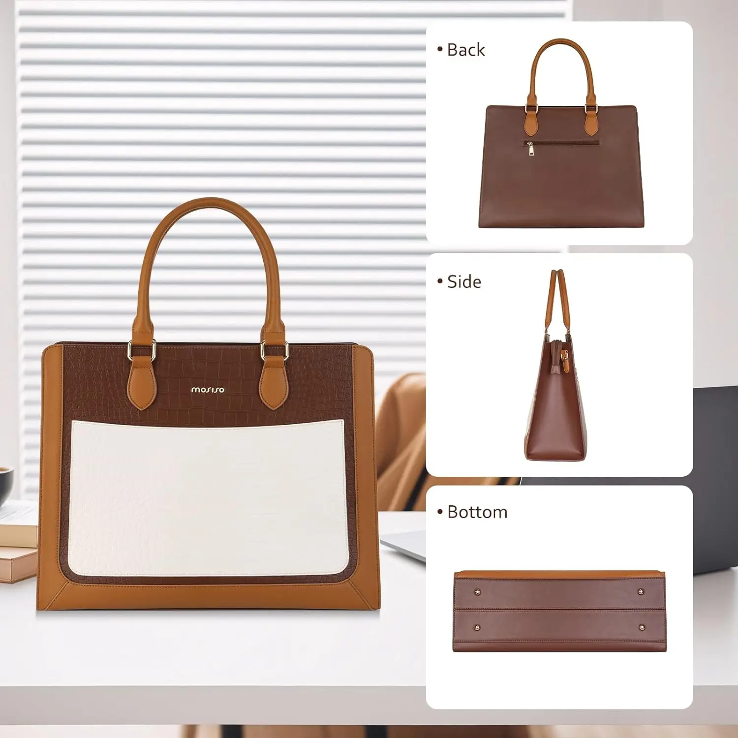 MOSISO Laptop Tote Bag for Women 15.6 inch PU Leather Large Capacity Handbag & Clutch Purse Crocodile Grain Waterproof Briefcase