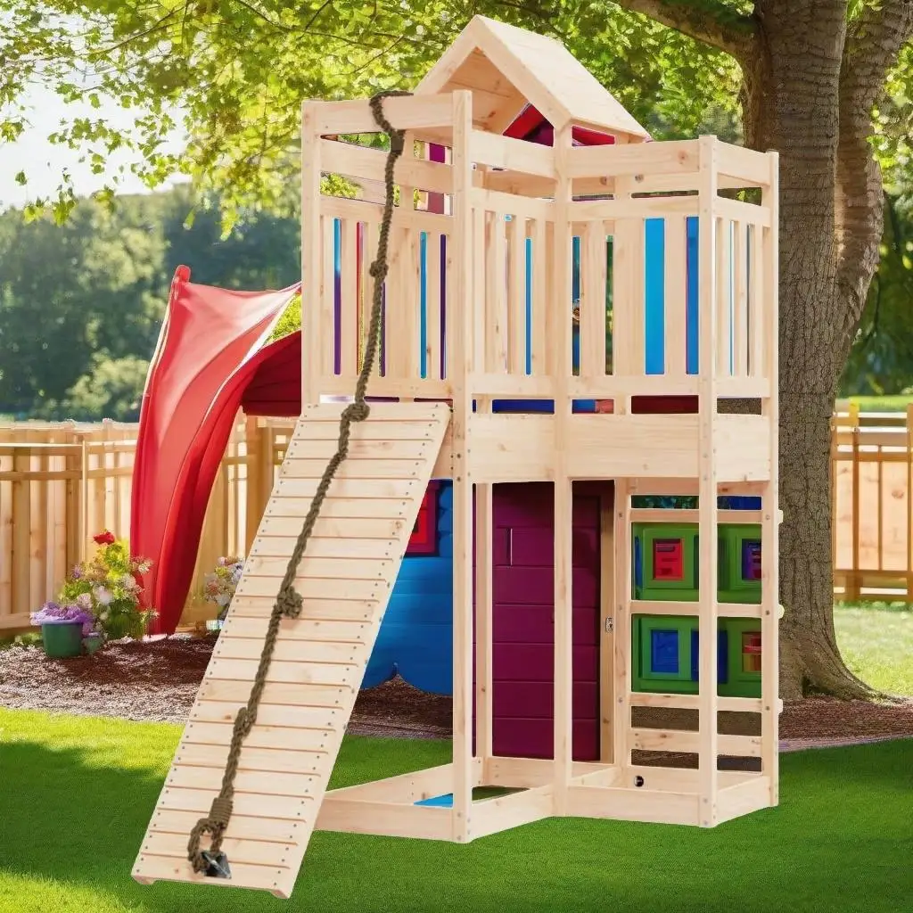 Solid Pine Playhouse with Climbing Wall for Kids - Durable Outdoor Playground Set