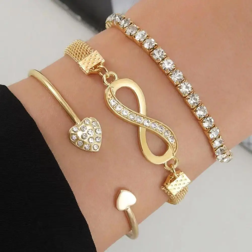 3 Pcs/Set Women Bracelets Rhinestone Hollow Infinite Symbol Heart Adjustable Stackable Wrist Jewelry Party Wedding Bangle Set