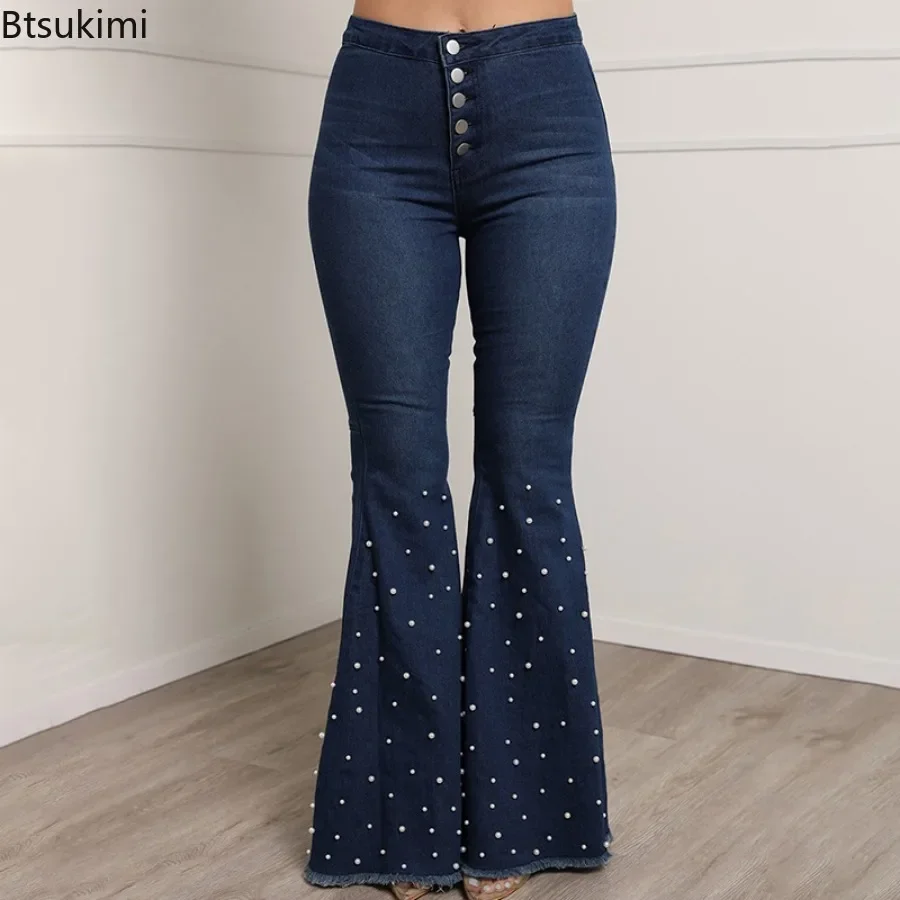 2024 Beaded Stretch Flare Jeans Women Denim Pants Wide Leg Butt-lifted Casual Skinny Bell Bottom High Waisted Trousers Female