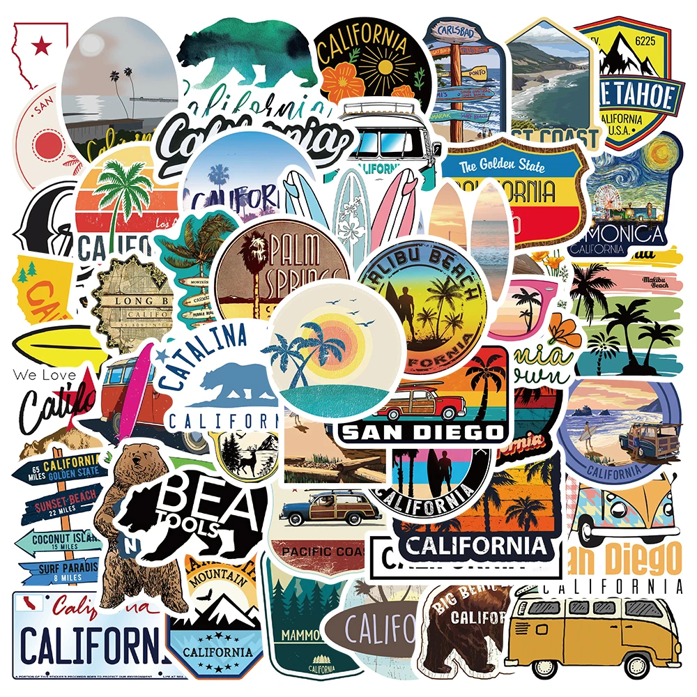 

50pcs Outdoor California Landscape Cartoon Stickers Waterproof Graffiti For Laptop Luggage Water Bottle Bicycle Car Decals