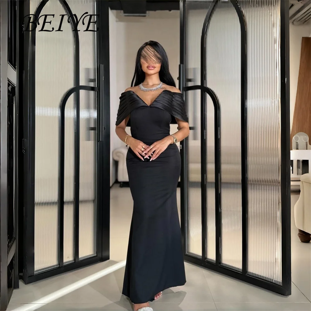 

BEIYE Simple Black Mermaid Evening Dress 2026 Off The Shoulder V-Neck Ankle Length Party Gown Customized فساتين سهرة