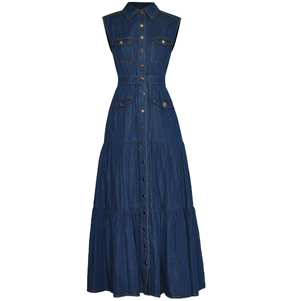 Fashion Summer New High Quality Women'S Designer Party Casual Vacation Vintage Elegant Elastic Waist Buttons Slim Denim Dress