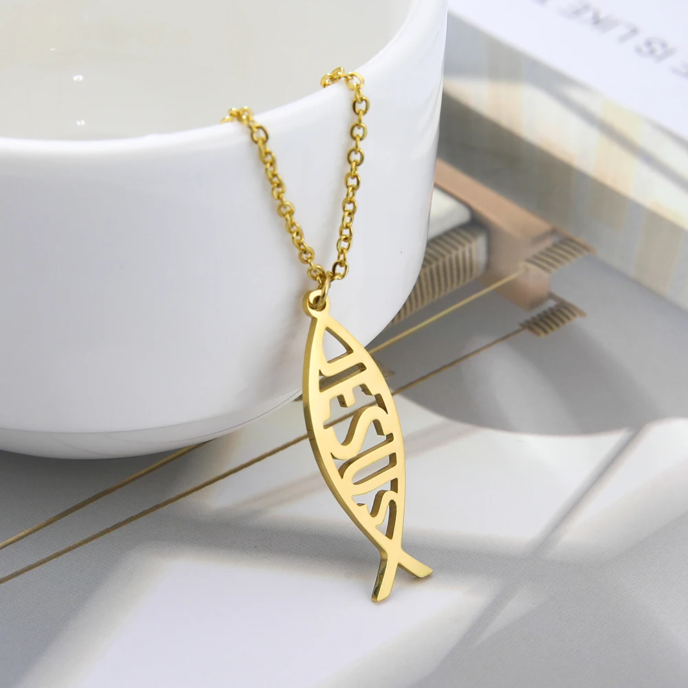 LIKGREAT Christian Jesus Fish Pendant Necklace for Women Stainless Steel Ichthys Faith Pray Choker Jewelry Valentine's Day Gifts