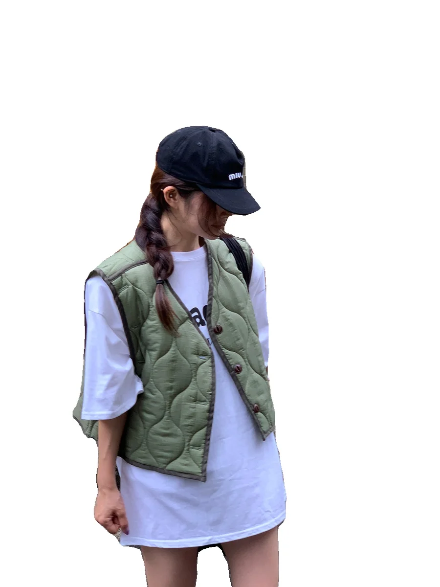 Retro Loose Women's Cotton Vest Svel Quilted Wave Texture Warm ort Jaet V-Ne Single Button Closure Winter Outerwear