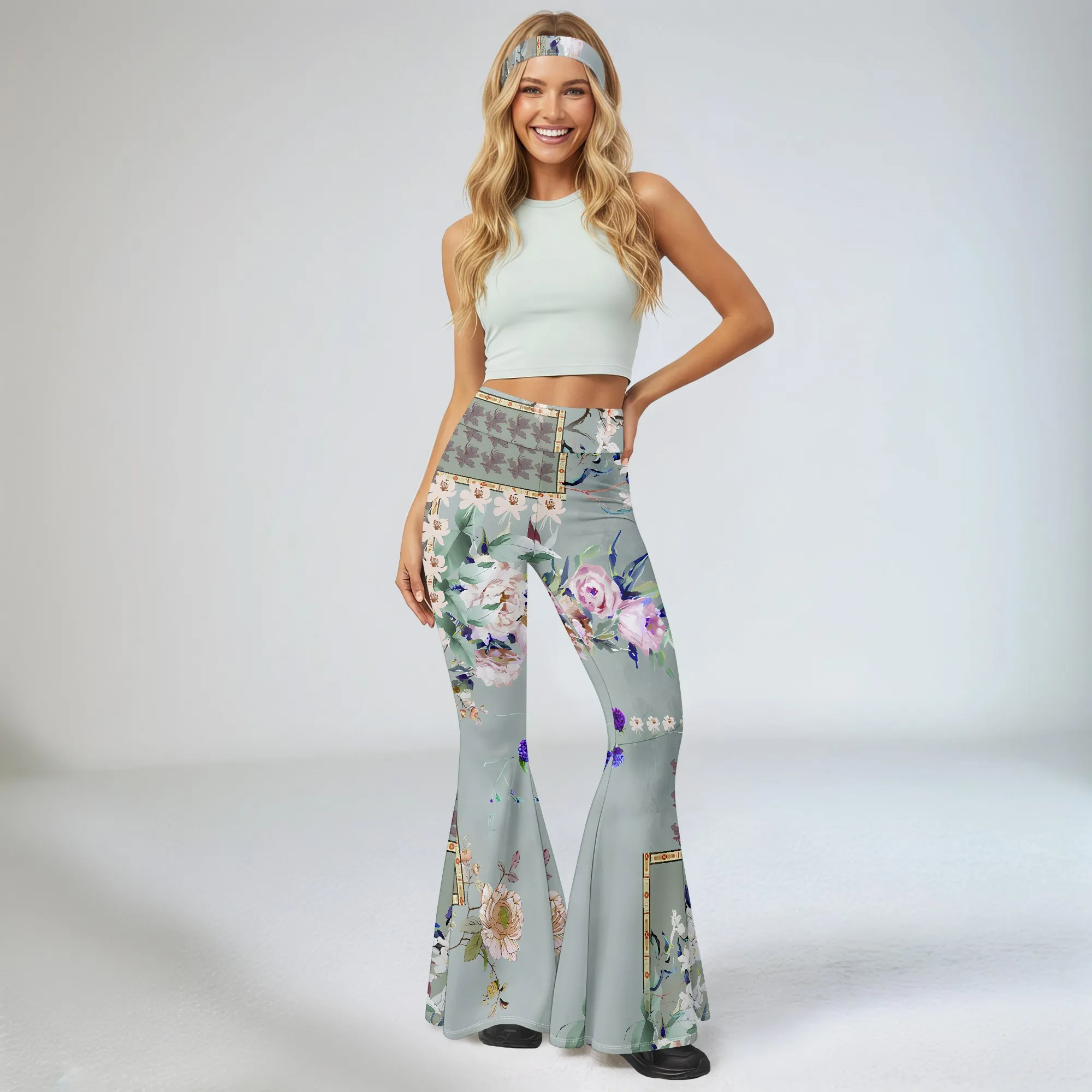 Women's Spring And Summer Casual 3D Printed Flared Pants, High Waisted Fashionable Flared Pants.