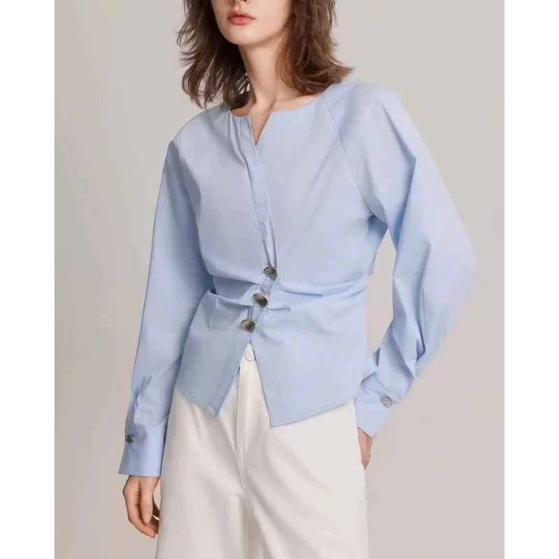 

Синяя дизайнерская рубашка с длинными рукавами для женщин, осень 2022, новый стиль, шикарная красивая