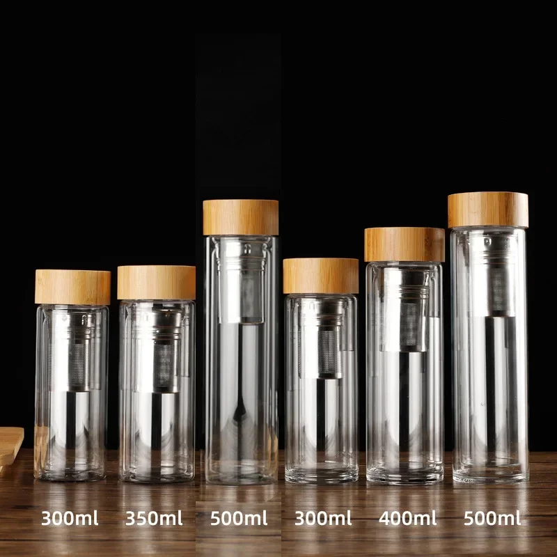 Stainless Steel Double Wall Glass Water Bottle Filters Bamboo Lid Travel Home Tea Infuser Office Thicken Teacup 300/400/500ML