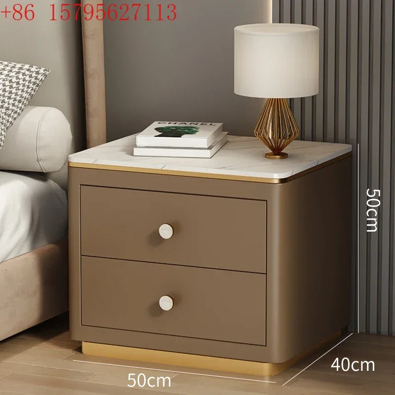 02All solid wood modern simple bedside table, rock slab leather bedroom, storage bedside cabinet