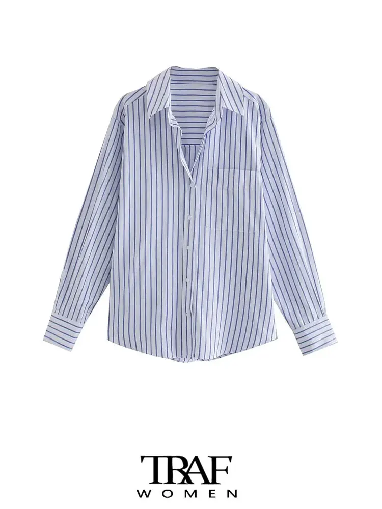 TRAF-Striped Loose Shirts With Pocket for Women, Long Sleeve, Button-up, Chic Tops, Casual Female Blouses, Fashion