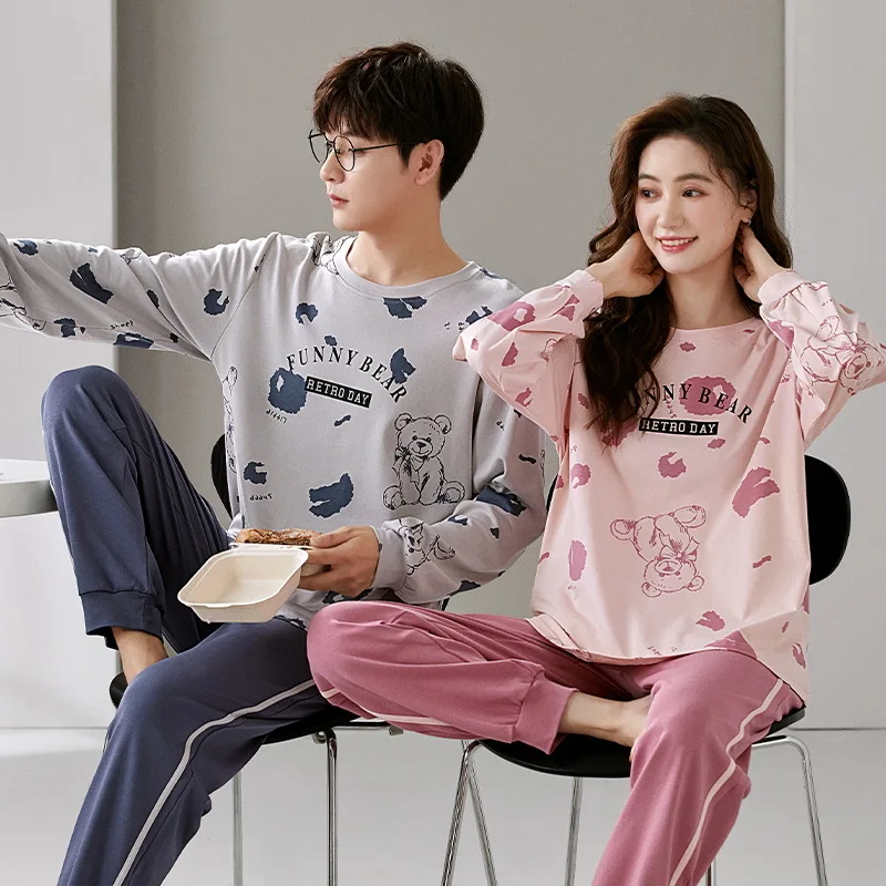 Autumn Couples Sleepwear Women Men Pajama Set Korean Loose Pijama Mujer Cartoon Bear Long Sleeve Cotton Pyjama pijamas de pareja