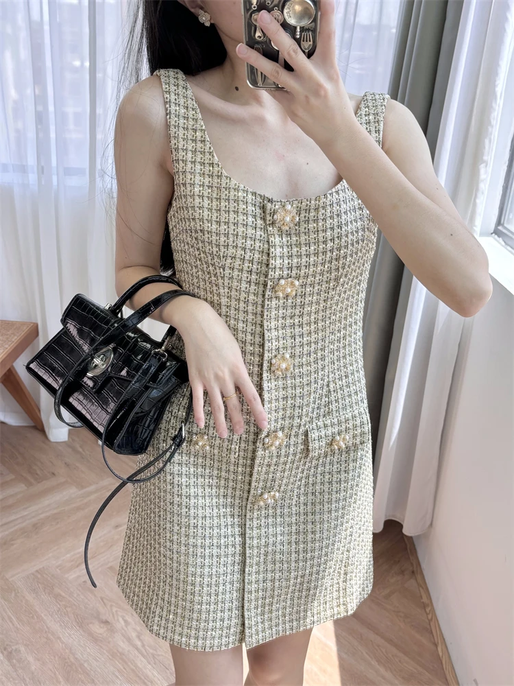 

New 2024 Summer Women Tweed Sleeveless Short Dress U-Neck A-Line Sequin Sweet Chic Lady Fashionable Design Trendy Stylish