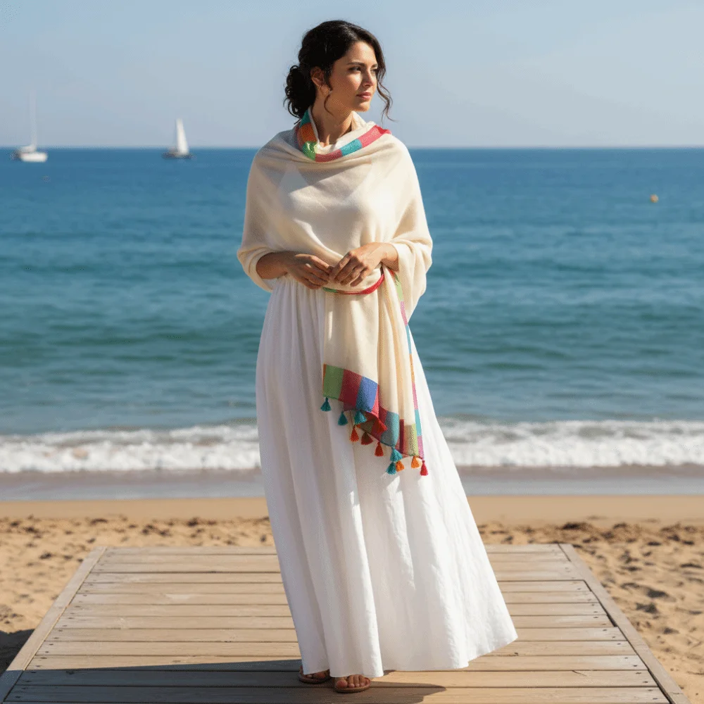 Holiday Stole Rainbow-Border Linen Scarf Color-Block Lightweight Beach Wrap Tasseled Boho-Style Sunscreen Sarong Travelers