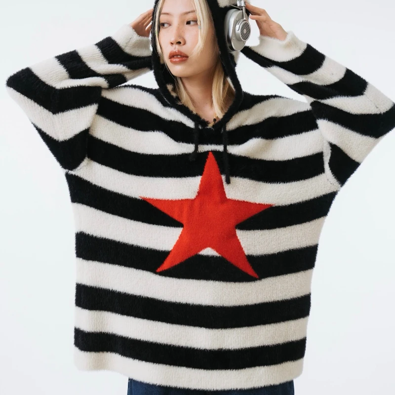 Women's Y2K Knitted Sweater Women's Fashion Striped Long Sleeve Autumn/Winter Hooded Star Hoodie Warm Sweater