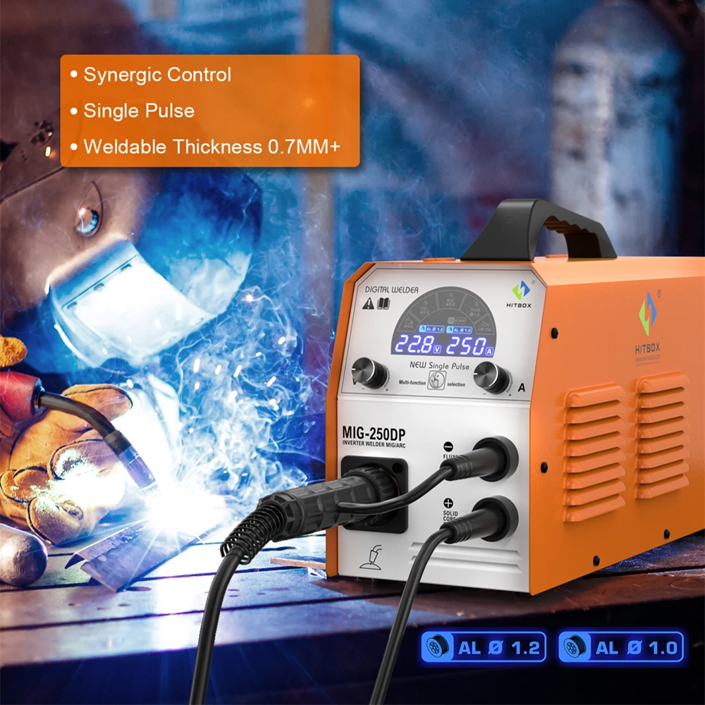 HITBOX Aluminium Semi-automatic 250A Mig Welding Machine GAS MIG/FLUX MIG/STICK/LIFT TIG Pulse Synergic Tool Inverter Welder