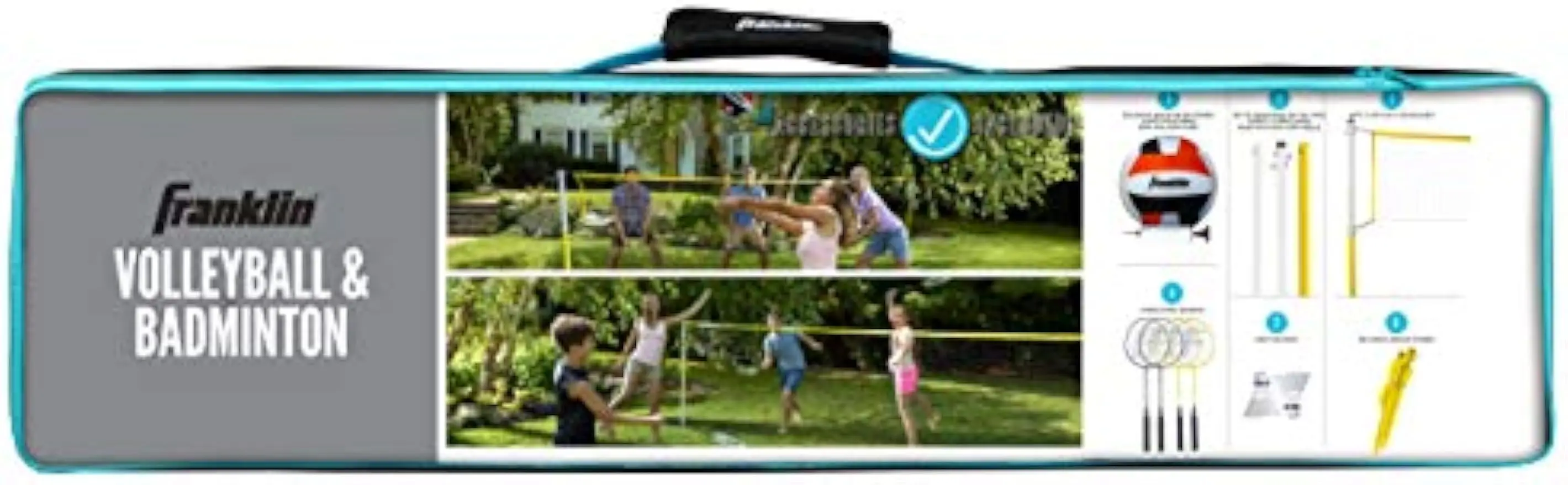 Portable Volleyball and Badminton Combo Set with Net, Rackets, Ball for Outdoor Family Fun