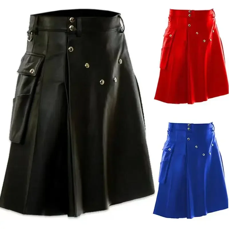 Hot selling men's faux leather pleated skirt fashion Scottish style leather belt solid color pleated skirt fashion men's skirt