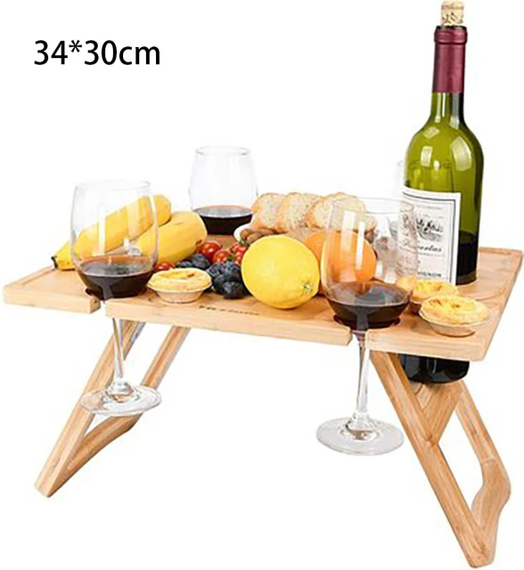 Portable Wooden Folding Picnic Table Rectangular Outdoor Wine Rack Collapsible Camping Desk with Glass Shelf Fruit Wine Desk