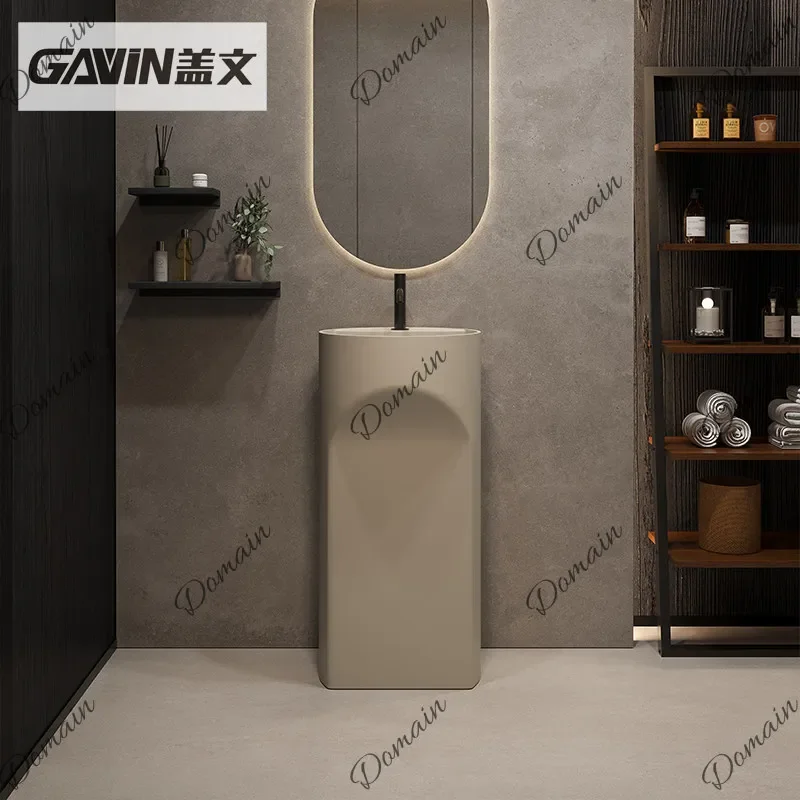 sBc Gavin Milk Coffee Artificial Stone Column Basin One-Piece Floor-Mounted Washbasin for Hotel Balcony