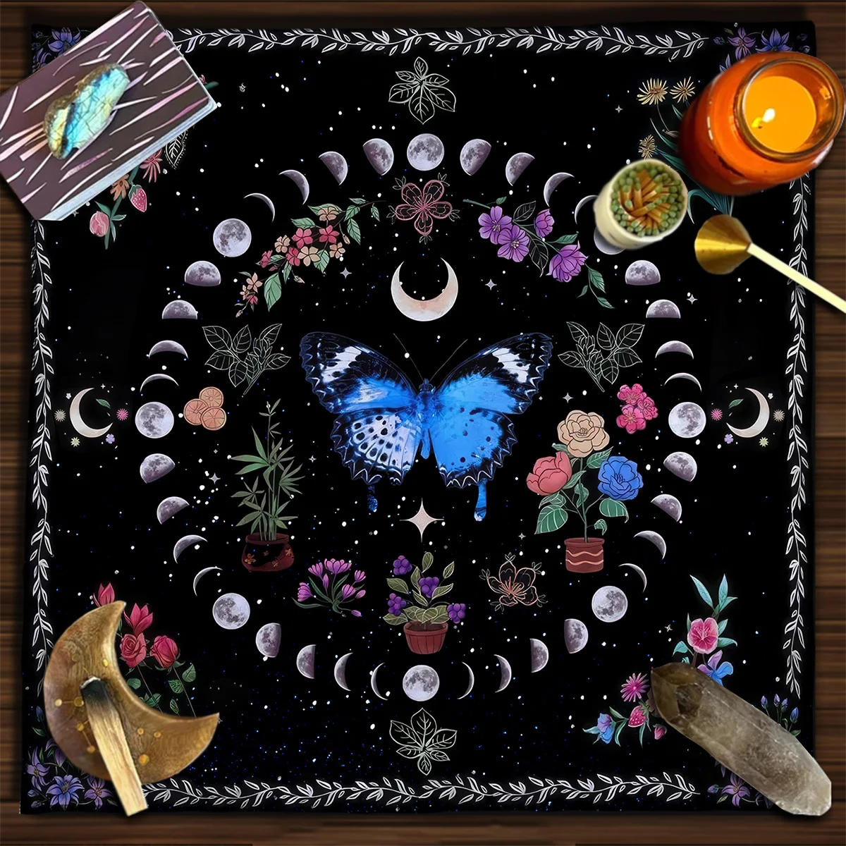 Pink Butterfly Moon Phase Floral Tarot Card Tablecloth Altar Cloth Witchcraft Astrology Oracle Divination Cloth Home Decor