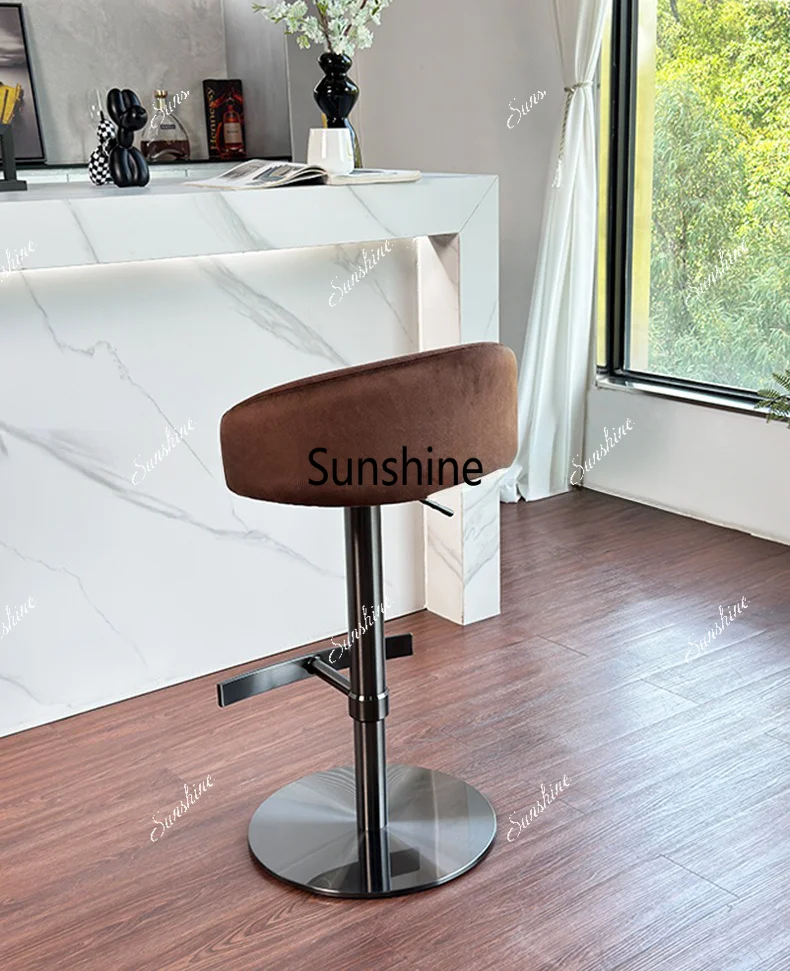 Adjustable Height Modern Designer Brown Flannel Swivel Bar Stool with Stainless Steel Metal Frame for Kitchen Counter