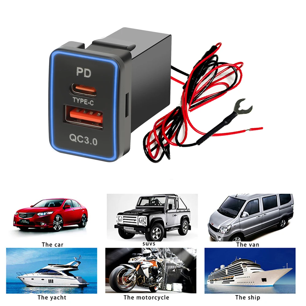 KEBIDUMEI 12V/24V Car Charger PD QC3.0 Charger Socket Power Adapter USB Outlet With Cable LED Light for Toyota Car Accessories