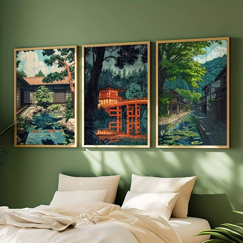 2 piezas de carteles artísticos de pared con paisaje retro japonés de Kioto, impresiones abstractas en lienzo sin marco para decoración de sala de estar y dormitorio
