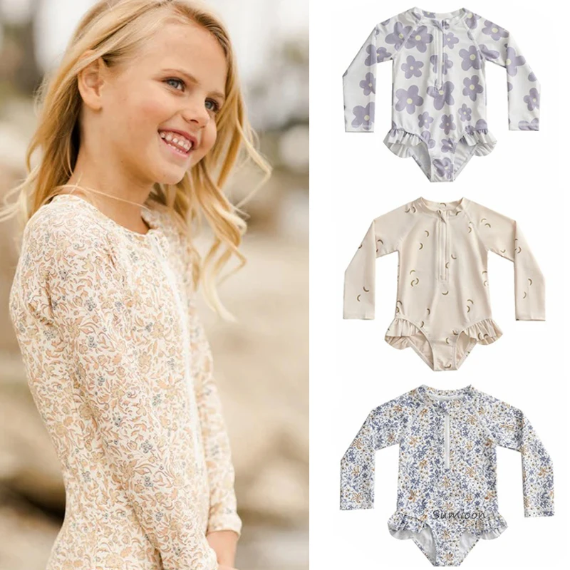 

2025 Infant Baby Girl Summer Outfits Flamingo/Flower Print Long Sleeve Zipper Swimwear Jumpsuit Headband Girls Bathing Suits